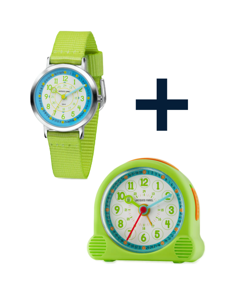 KOP05 Kinderuhr Happy Learning + ACL02 Kinderwecker grün für Uhrzeit-Anfänger (2er-Set)