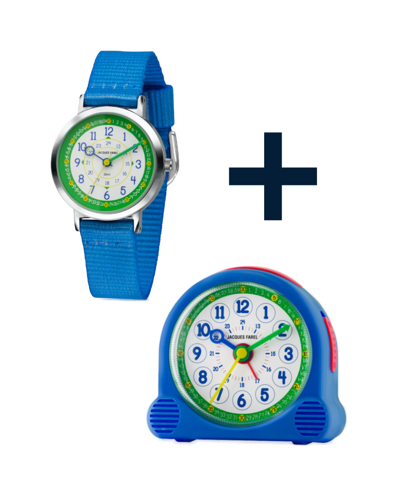 KOP03 Kinderuhr Happy Learning + ACL04 Kinderwecker blau für Uhrzeit-Anfänger (2er-Set)