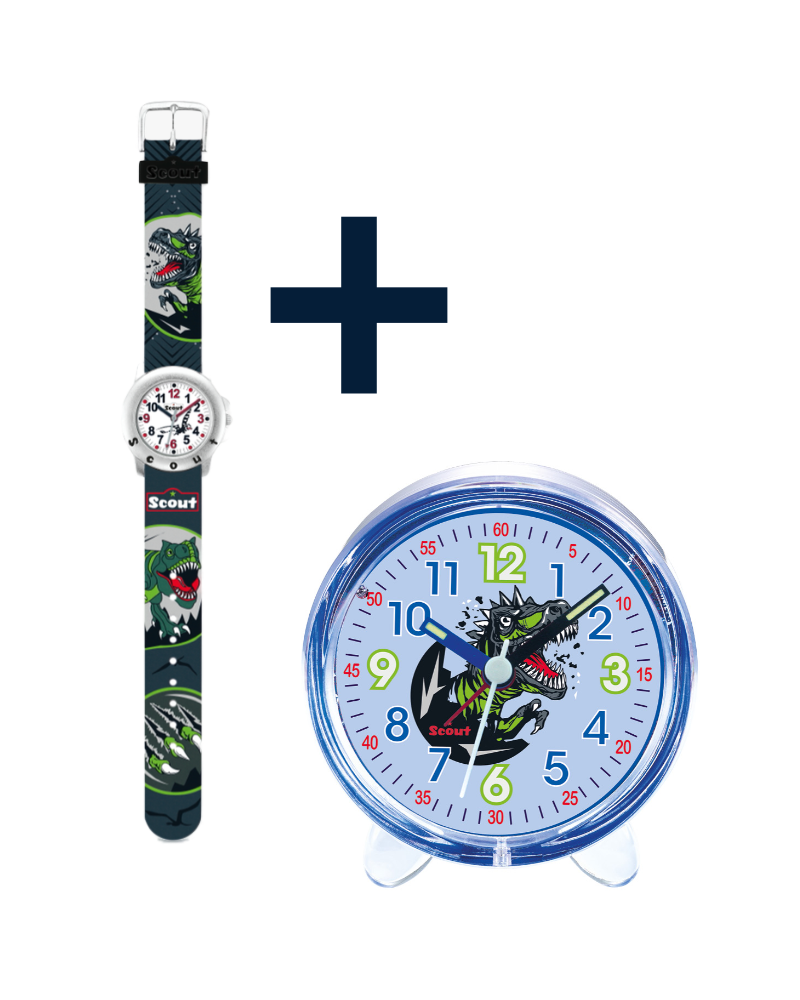 280393010 Kinderuhr + 280001032 Kinderwecker mit Dinosaurier Motiv (2er-Set)