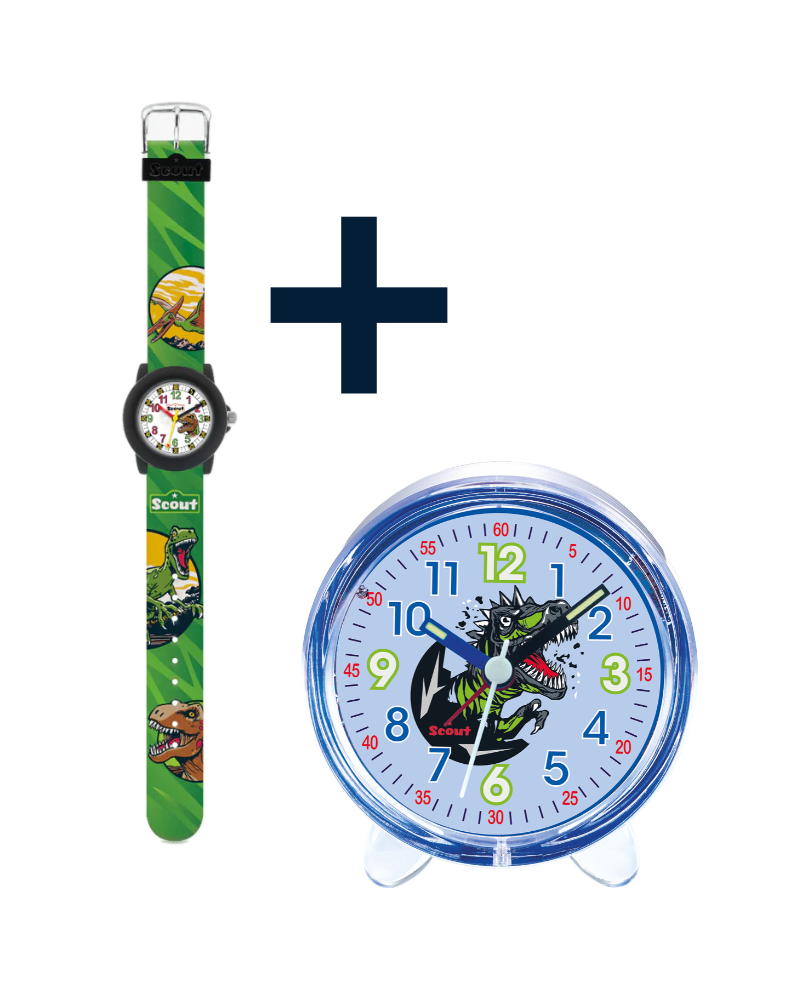 280305041 Kinderuhr + 280001032 Kinderwecker mit Dinosaurier Motiv (2er-Set)