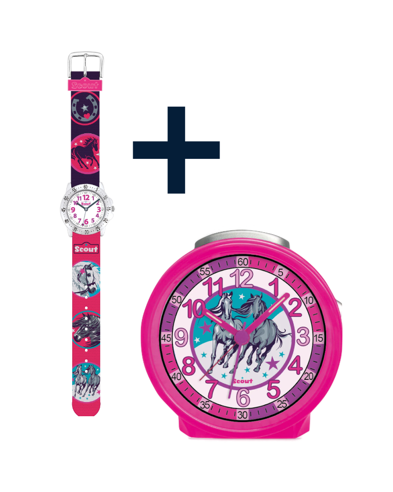 280378015 Kinderuhr + 280001018 Kinderwecker mit Pferde Motiv (2er-Set)