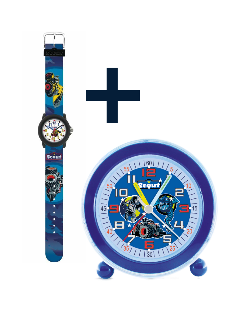 280305038 Kinderuhr + 280001039 Kinderwecker mit Motiven: Monster, Traktor, Astronaut (2er-Set)