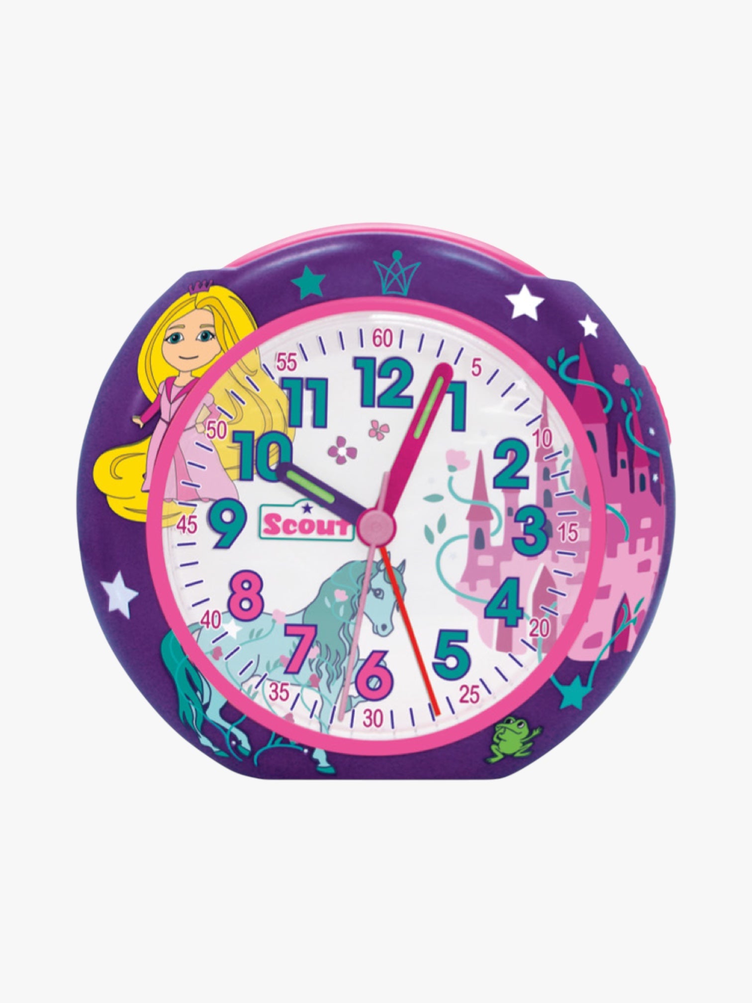 280001048 Kinderwecker mit Motiven: Prinzessin, Schloss, Pferd, Frosch