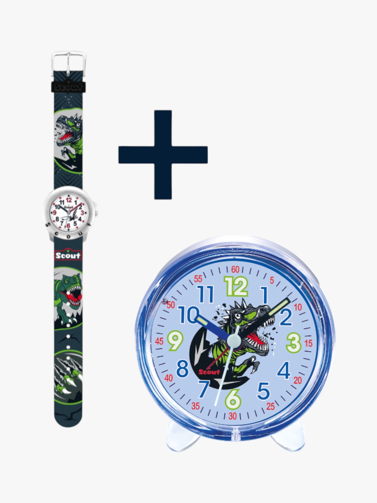 280393010 Kinderuhr + 280001032 Kinderwecker mit Dinosaurier Motiv (2er-Set)