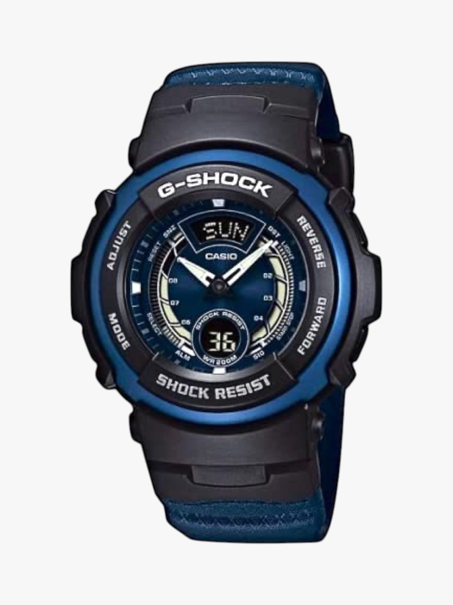 KRAHL Uhren & Schmuck blue shock-resistant G-SHOCK watch with Neo-Display, world time, stopwatch, timer, and 200m water resistance.