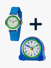 KOP03 Kinderuhr Happy Learning + ACL04 Kinderwecker blau für Uhrzeit-Anfänger (2er-Set)