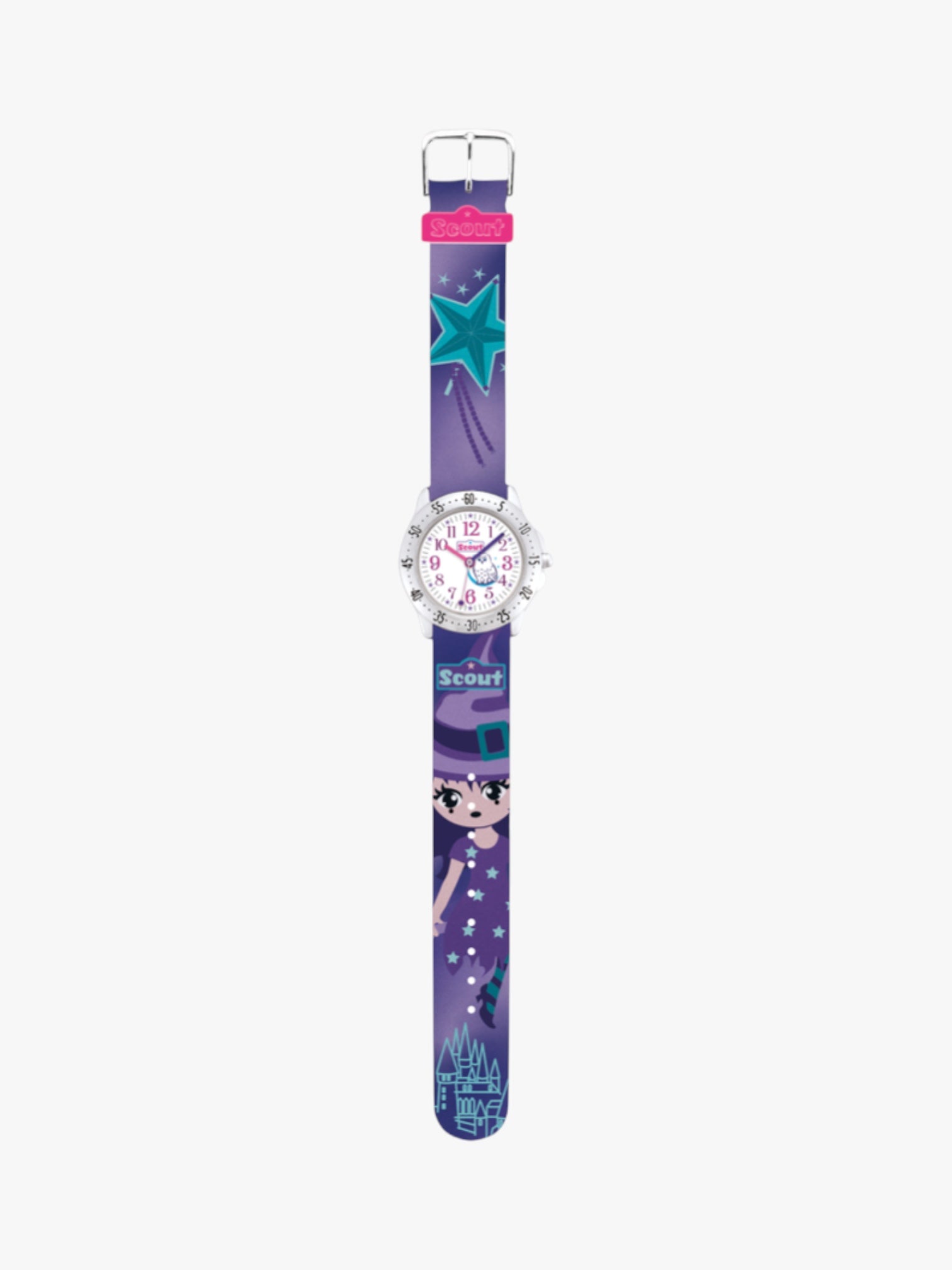 280378019 Kinderuhr violett mit Motiv Hexe