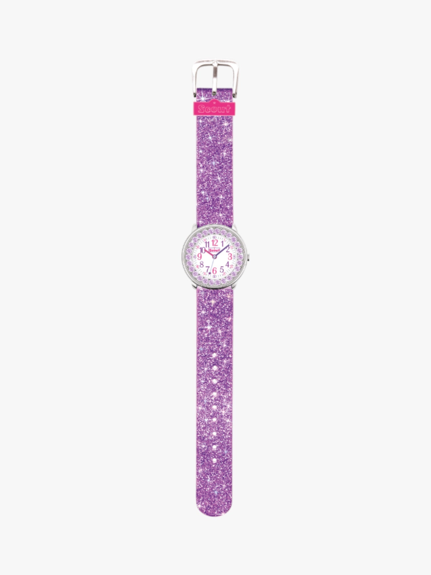 280381011 Kinderuhr mit glitzerndem Uhrband in violett