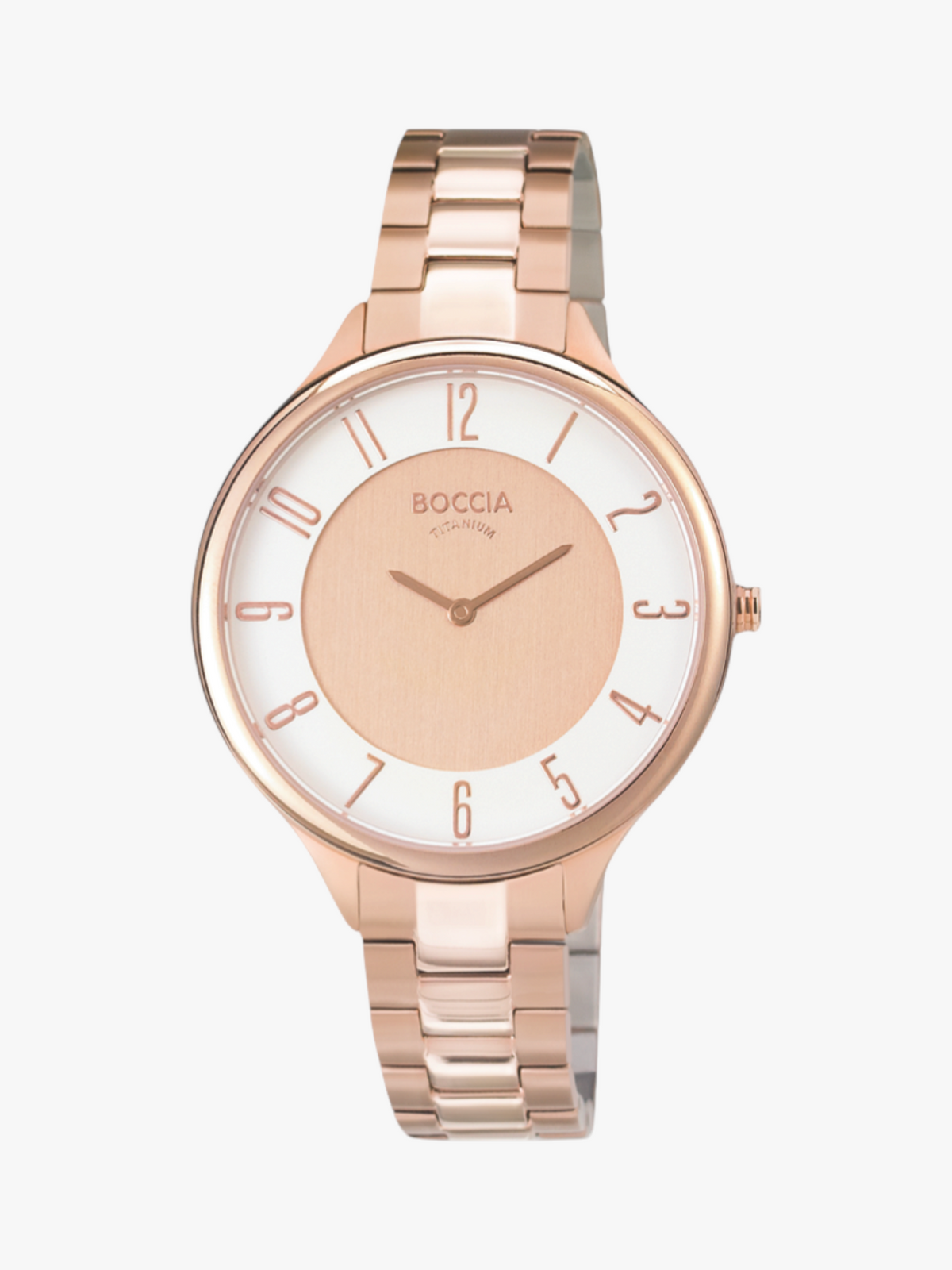 KRAHL Uhren & Schmuck Boccia Damenuhr aus roségoldplattiertem Reintitan mit weißem Zifferblatt und Gliederarmband