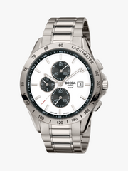 KRAHL Uhren & Schmuck Boccia Chronograph aus Reintitan mit weißem Zifferblatt, Tachymeter-Lünette und Saphirglas