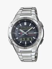 KRAHL Uhren & Schmuck Casio Wave Ceptor Funkuhr mit Edelstahlarmband, schwarzem Zifferblatt und Solarbetrieb.
