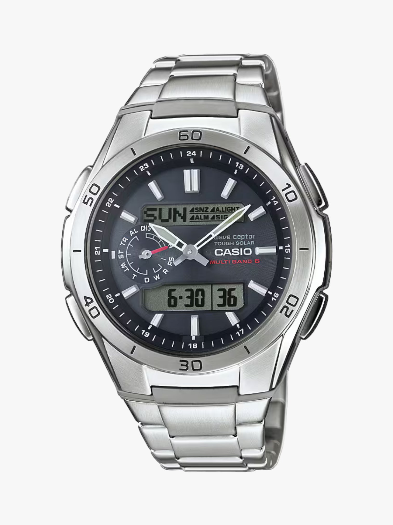 KRAHL Uhren & Schmuck Casio Wave Ceptor Funkuhr mit Edelstahlarmband, schwarzem Zifferblatt und Solarbetrieb.