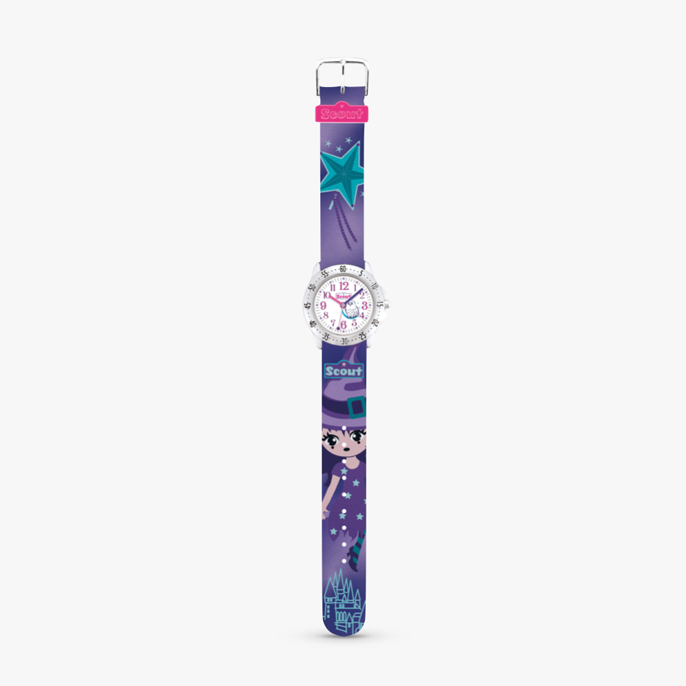 280378019 Kinderuhr violett mit Motiv Hexe