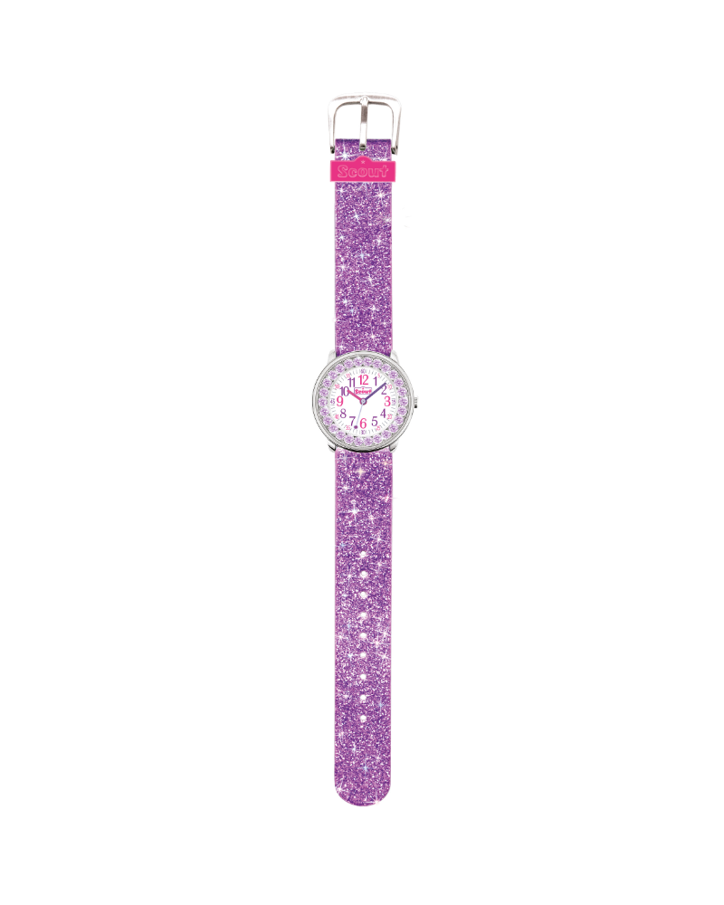 280381011 Kinderuhr mit glitzerndem Uhrband in violett